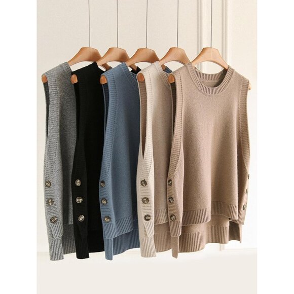 Women's Sleeveless Knit Sweater Vest Casual Crew Neck Ribbed Loose Fit Top - Picture 6 of 7